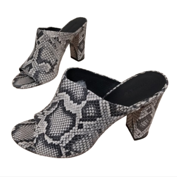 Vince Heath-B Sahara Leather Mule Sandals Size 8.5 Snake Print Block Heel Black - Picture 1 of 12